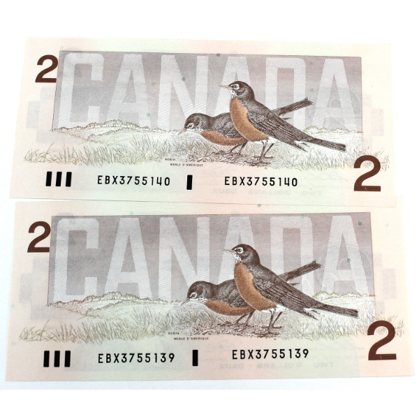 BC-55bA-i 1986 $2 Consecutive *EBX Replacement UNC or Better Thiessen-Crow SN:EBX2755139-"40. 2pcs.