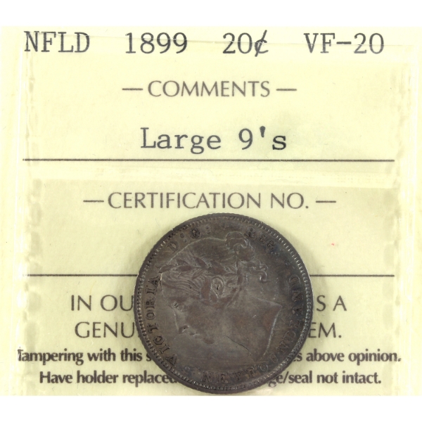 Newfoundland 20-cent 1899 Large 9's ICCS VF20