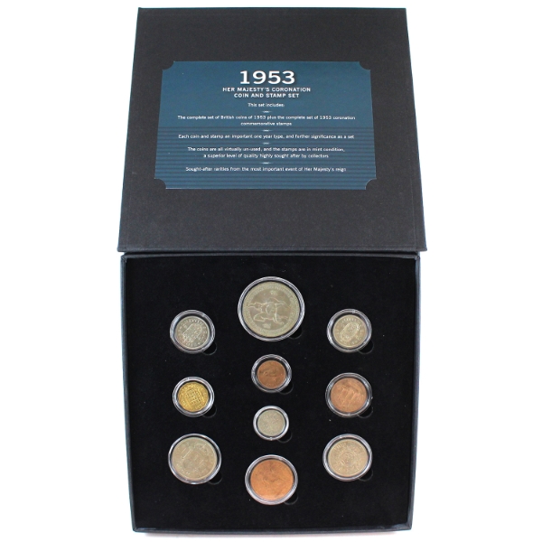 Great Britain 1953 Her Majesty's Coronation Coin and Stamp Set Issued by the Bradford Exchange