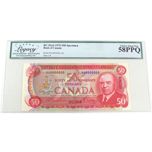 BC-51aS 1975 $50 SPECIMEN Legacy Choice AU58 PPQ Lawson-Bouey SN: HA0000000 144