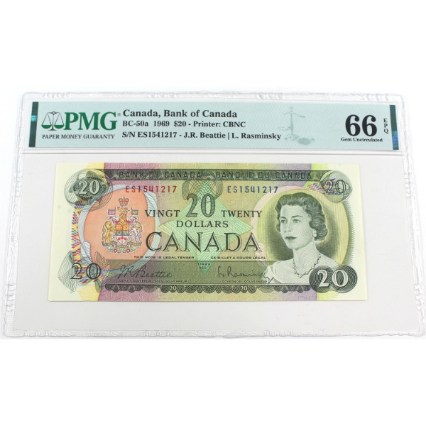 BC-50a 1969 $20 PMG GEM UNC66 EPQ Beattie-Rasminsky SN:ES1541217