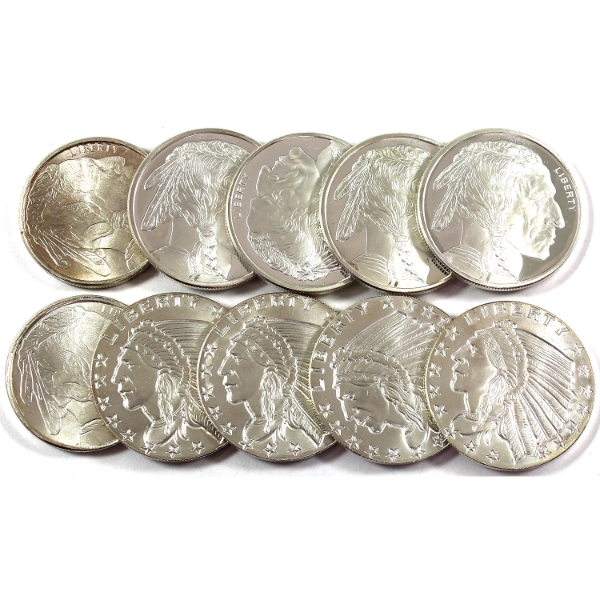 10x 1/2oz Highland Mint Buffalo & Indian Head Replica .999 Fine Silver Rounds. 10pcs.