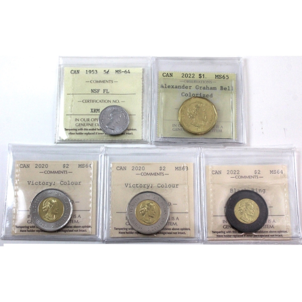 5-cent, Loon $1 & $2 1953-2022 ICCS MS63 to MS65. 5pcs
