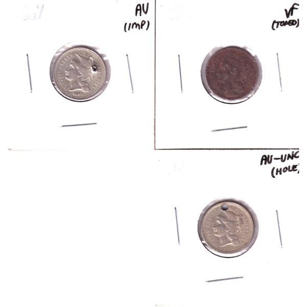 USA 1865-1876 Nickle 3-cents VF to AU-UNC. 3pcs.