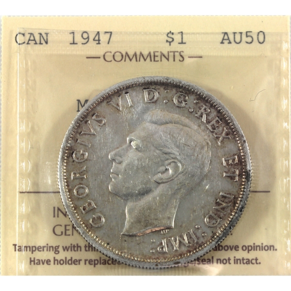 Silver $1 1947 Maple Leaf ICCS AU50
