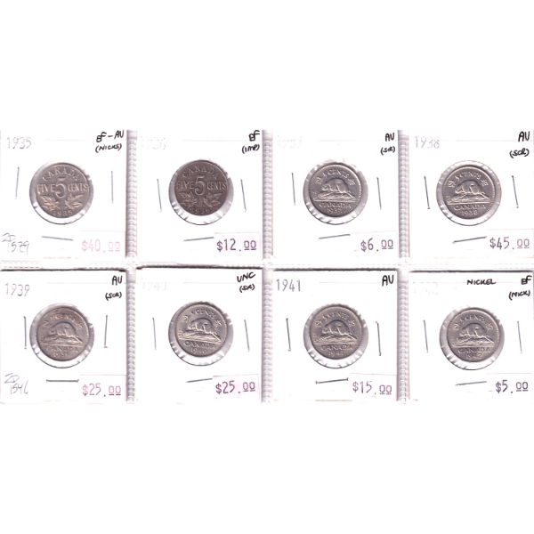 5-cent 1935-1942 EF to UNC. 8pcs.