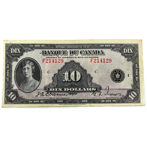 BC-8 1935 $10 French VF or Better Osborne-Towers SN: F214129 ppC