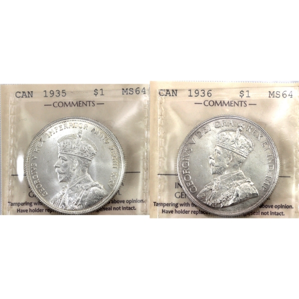 Silver $1 1935 & 1936 ICCS MS64. 2pcs.