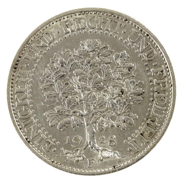 Germany-Weimar Republic Silver 1928E 5 Reichsmark Oak Tree AU