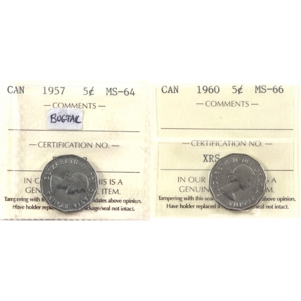 5-cent 1957 Bug Tail MS64 & 1960 MS66 ICCS. 2pcs