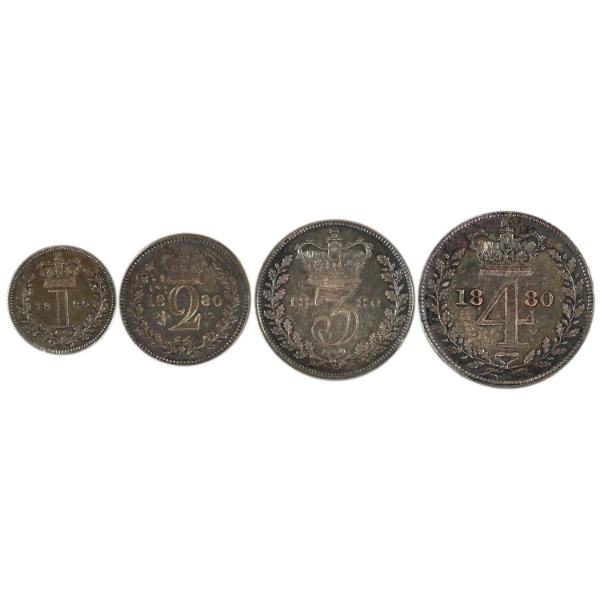 Great Britain 1880 Victoria Sterling Silver Maundy Set w/ Original Seaby Envelope