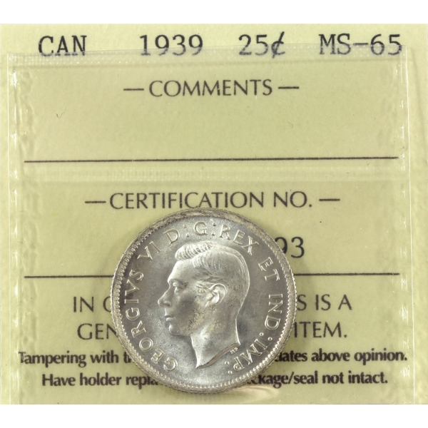 25-cent 1939 ICCS MS65