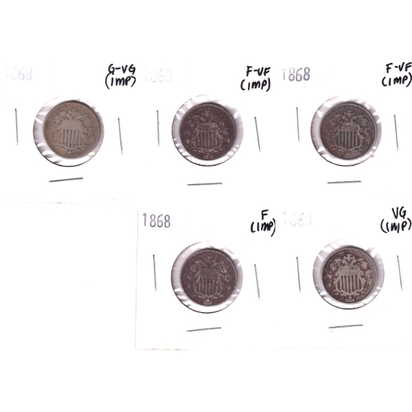 Group Lot of USA 1868 5-cent Coins G-VG to F-VF (Impaired). 5pcs.