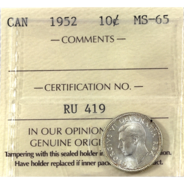 10-cent 1952 ICCS MS65