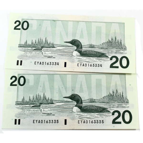 BC-58d 1991 $20 Consecutive UNC or Better Knight-Dodge Banknotes. SN: EYA0163334, & "35. 2pcs.