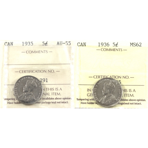 5-cent 1935 AU55 & 1936 MS62 ICCS. 2pcs.
