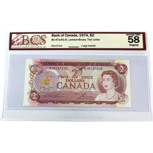RADAR BC-47a-N1-iii 1974 $2 4-digit RADAR BCS AU58 Original Lawson-Bouey SN: RJ0137310
