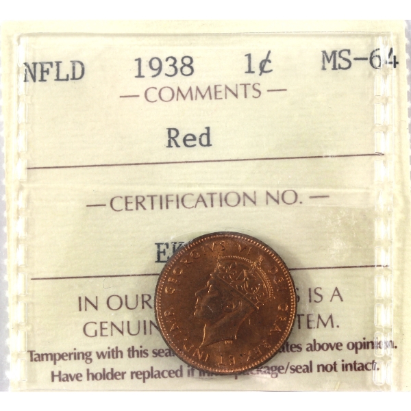 Newfoundland 1-cent 1938 ICCS MS64 Red