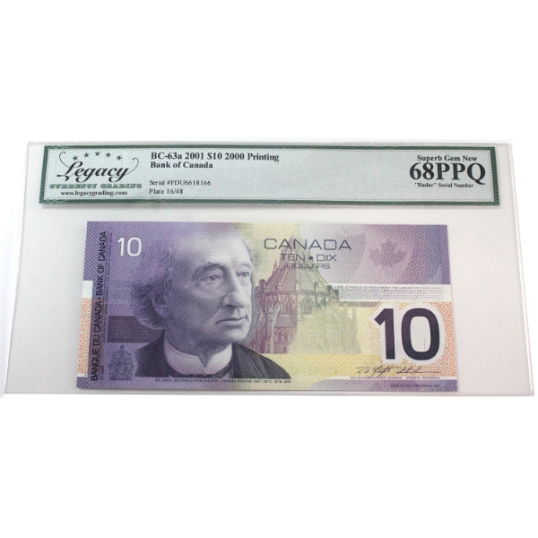 RADAR BC-63a 2001 $10 3 Digit RADAR Legacy Superb GEM UNC68 PPQ Knight-Thiessen SN: FDU6618166