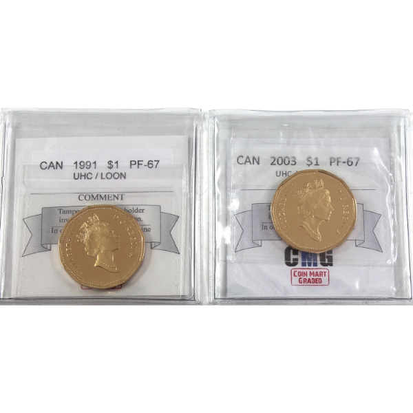 Loon $1 1991 $ 2003 Coin Mart PF67 UHC. 2pcs.