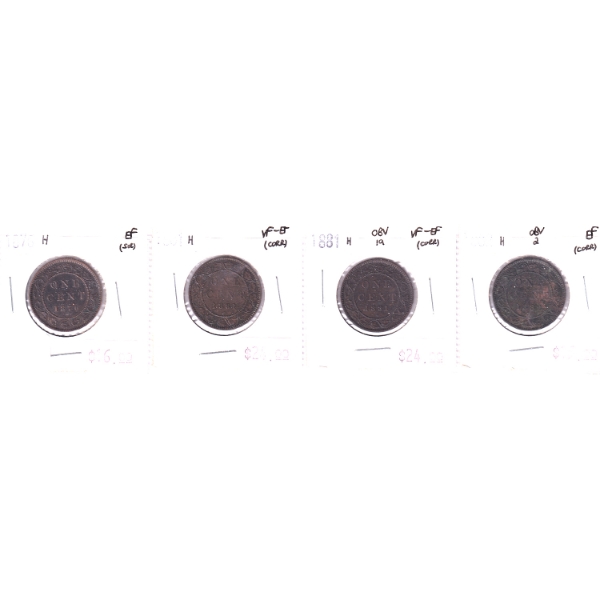 Group Lot of 1-cent 1876H-1882H in 4-Pocket Sheet VF-EF to EF. 4pcs.