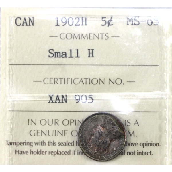 5-cent 1902H Small H ICCS MS65