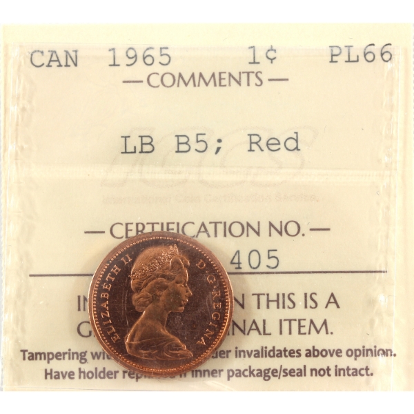 1-cent 1965 LB B5 Type 3 ICCS PL66 Red