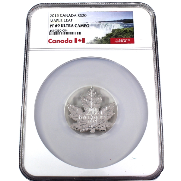 2015 $20 Canadian Maple Leaf .9999 Fine Silver Shaped Coin NGC PF69 Ultra Cameo (Tax Exempt)