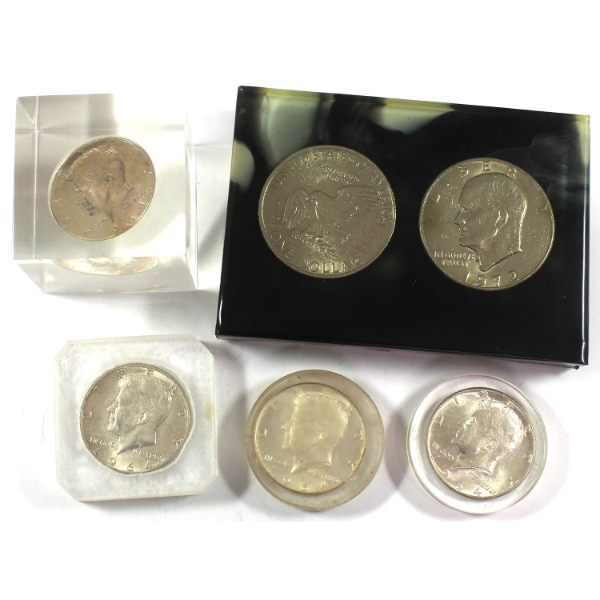 Lot of 5 USA Lucite Acrylic w/ 1964 Half Dollar & 1972 Dollar Coins. 5pcs