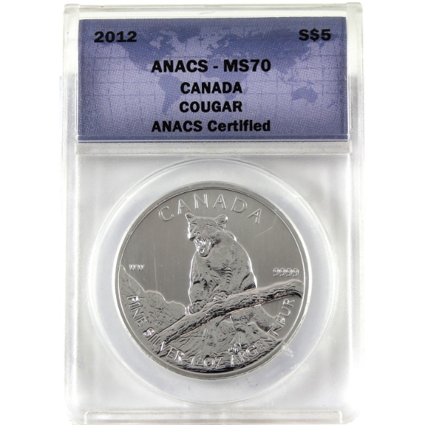 2012 $5 Cougar ANACS MS70 Fine Silver Coin (Tax Exempt)