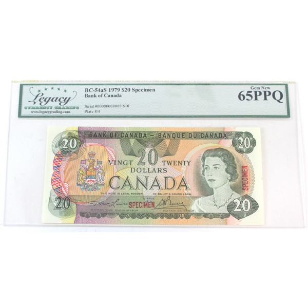 BC-54aS 1979 $20 SPECIMEN Legacy GEM UNC65 PPQ Lawson-Bouey SN: 00000000000 610