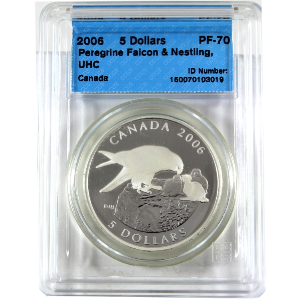 2006 $5 Peregrine Falcon & Nestling .9999 Fine Silver Coin CCCS PF70 (Tax Exempt)