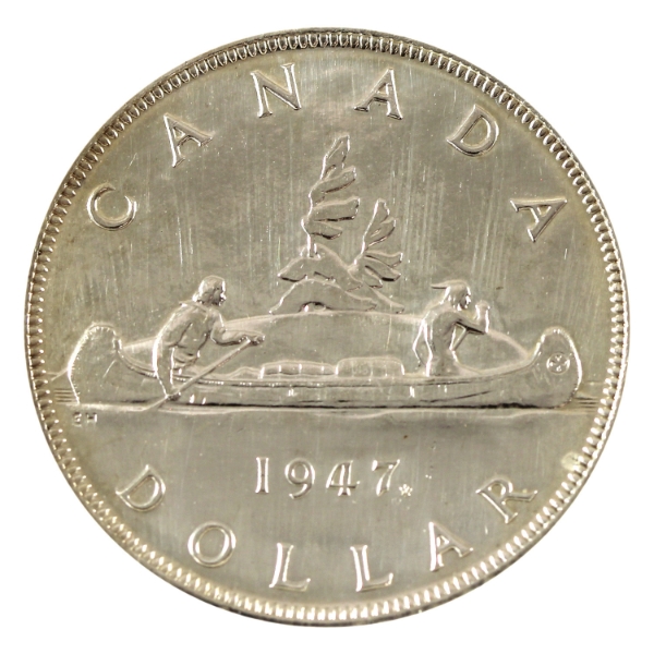 Silver $1 1947 Maple Leaf Double HP EF-AU 