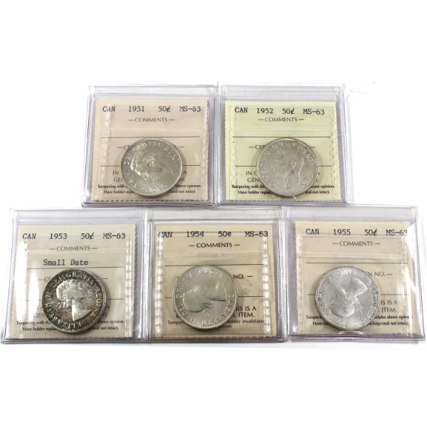 50-cent 1951, 1952, 1953, 1954, & 1955 ICCS MS63. 5pcs.