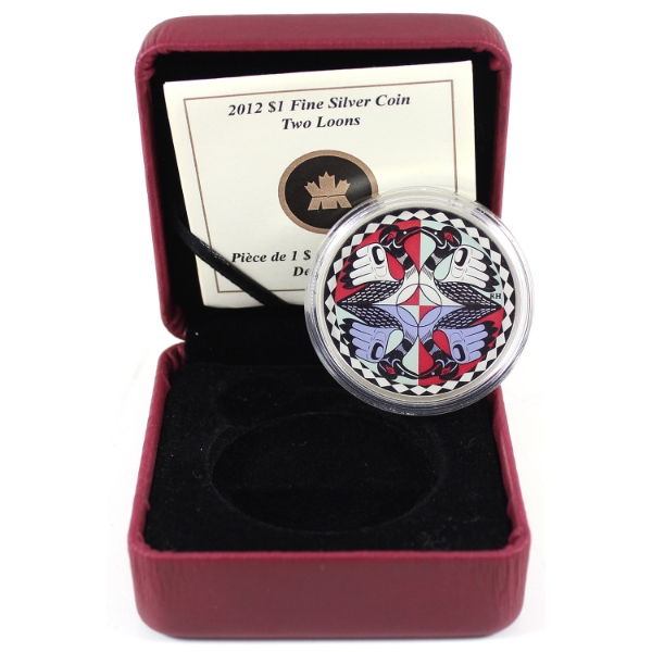 2012 $1 Artistic Two Loons Fine Silver Coin w/ Selective Colour (Tax Exempt)