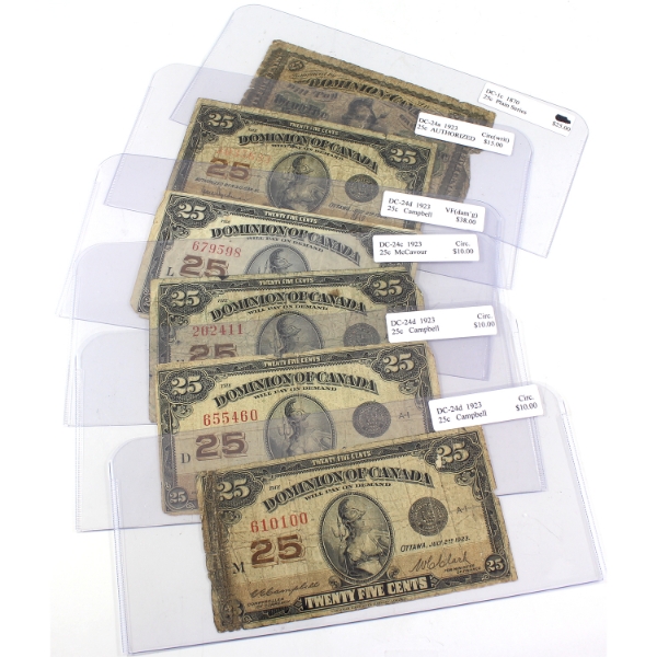 Bulk Lot of 1870-1923 25-cent Shinplaster Notes Circ. to VF. 6pcs.