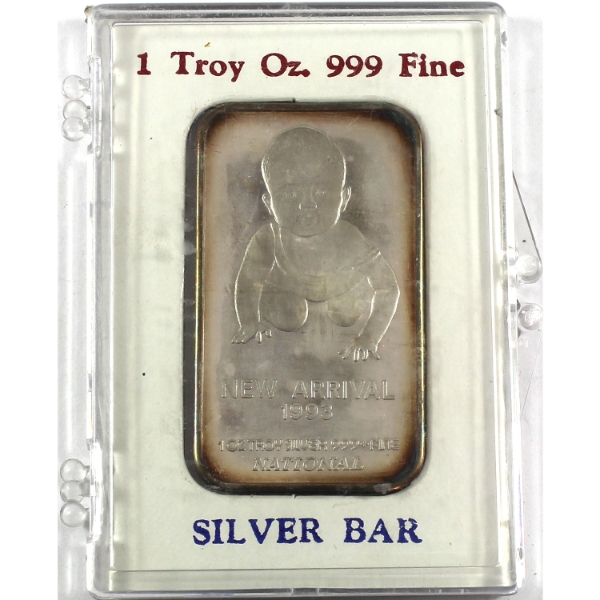 1oz National Refiners 1993 New Arrival .999 Fine Silver Vintage Bar (Tax Exempt)