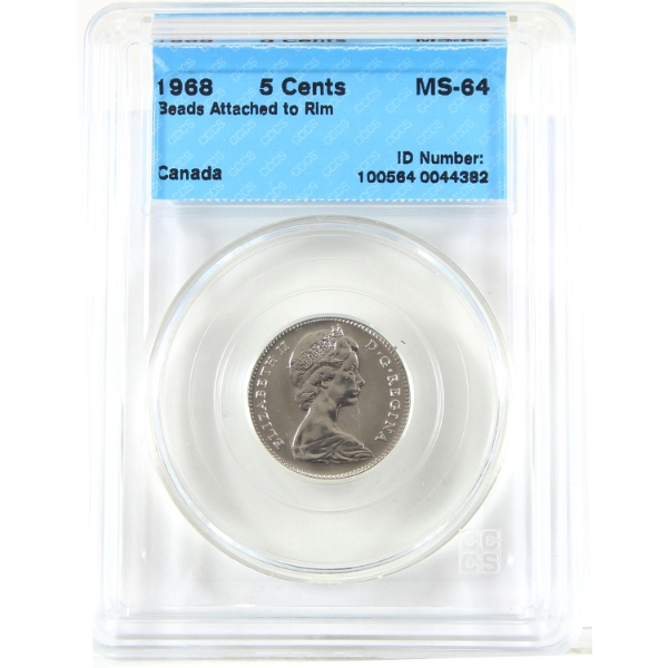 5-cent 1968 Beads Attached to Rim CCCS MS64