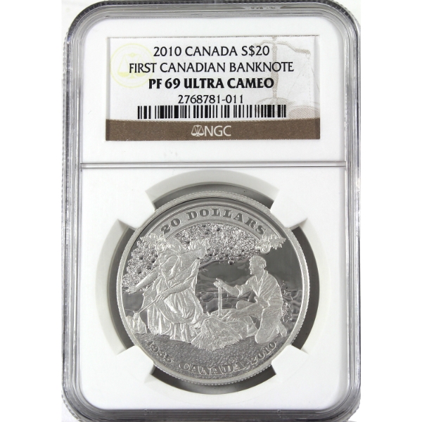 2010 $20 First Canadian Banknotes 1oz .9999 Fine Silver Coin NGC PF69 UC (Tax Exempt)