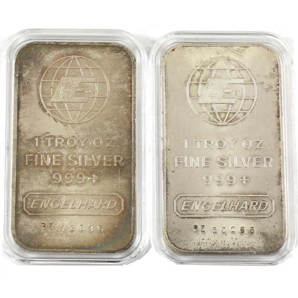2x 1oz Engelhard c.1981 Wide E Logo Centred in Globe, Portrait .999+ Silver Bars. 2pcs. (Tax Exempt)