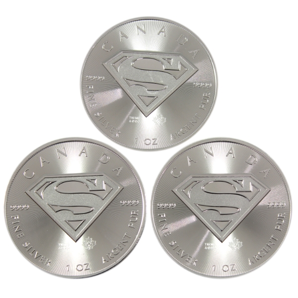 3x 1oz 2016 $5 Superman Shield .9999 Fine Silver Rounds. 3pcs. (Tax Exempt)