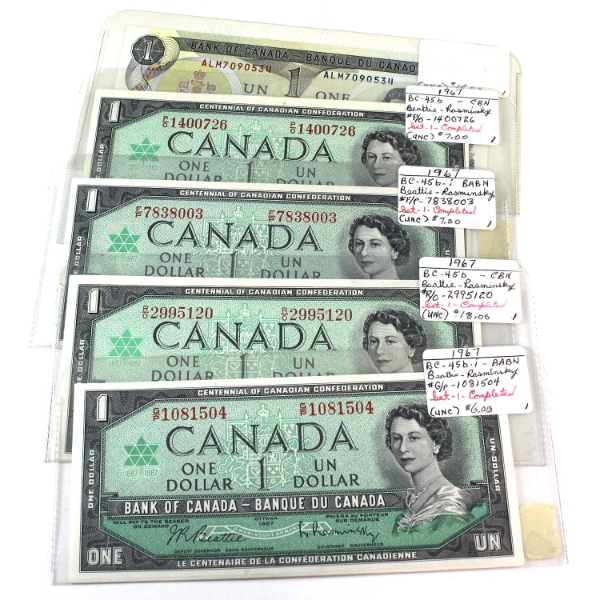 Group Lot of 4x 1967 Beattie-Rasminsky & 1x 1973 Crow-Bouey $1 UNC or Better. 5pcs.  
