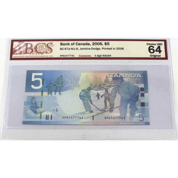 RADAR BC-67a-N1-iii 2006 $5 3 Digit RADAR BCS CUNC64 Original Jenkins-Dodge SN: APG1477741