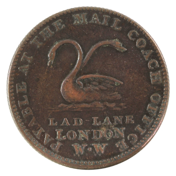 CH# W-840 1798 Britain Middlesex Lad-Lane London Coach Half Penny Token VF30