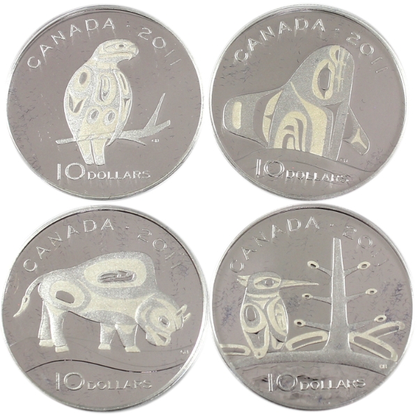 2011 $10 Canadian Wildlife Indigenous Art 1/2oz .9999 Fine Silver Coins. 4pcs. (Tax Exempt)