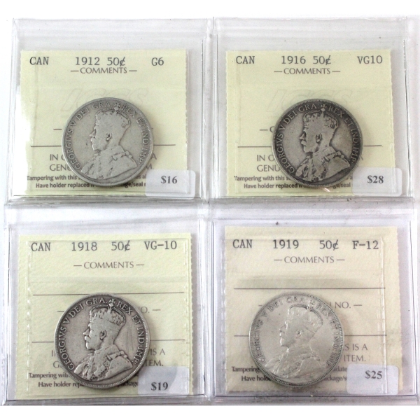 50-cent 1912 G6, 1916 & 1918 VG10 & 1919 F12 ICCS. 4pcs.