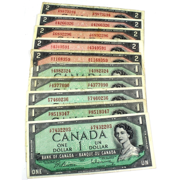 10x 1954 $1 & $2 Banknotes, x5 of Each. 10pcs.