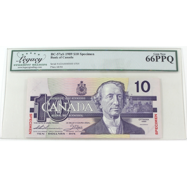 BC-57aS 1989 $10 Specimen Legacy GEM UNC66 PPQ Thiessen-Crow SN: ADA0000000 0705