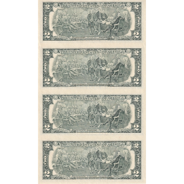 USA 2003 World Reserve Monetary Exchange, Uncut Sheet of 4x $2 Notes. Set SN: 65994 w/ COA. 
