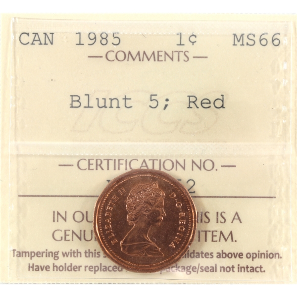 1-cent 1985 Blunt 5 ICCS MS66 Red